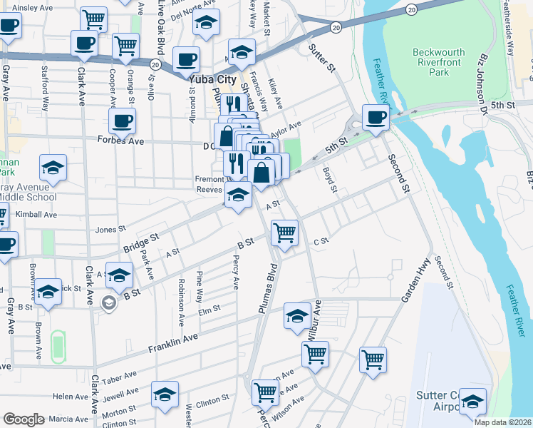 map of restaurants, bars, coffee shops, grocery stores, and more near 460 A Street in Yuba City