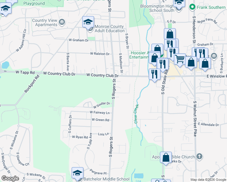 map of restaurants, bars, coffee shops, grocery stores, and more near 2900 South Rogers Street in Bloomington