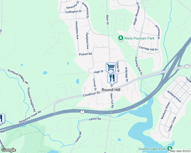 map of restaurants, bars, coffee shops, grocery stores, and more near 15 North Locust Street in Round Hill