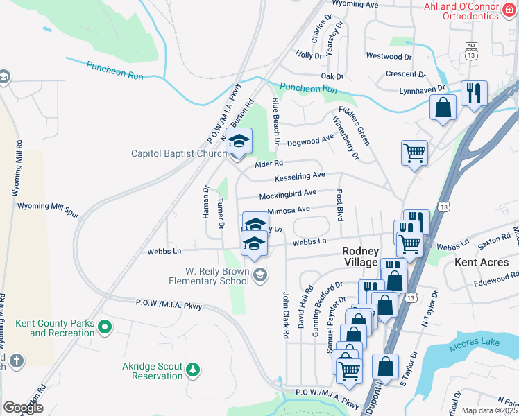 map of restaurants, bars, coffee shops, grocery stores, and more near 373 Mimosa Avenue in Dover