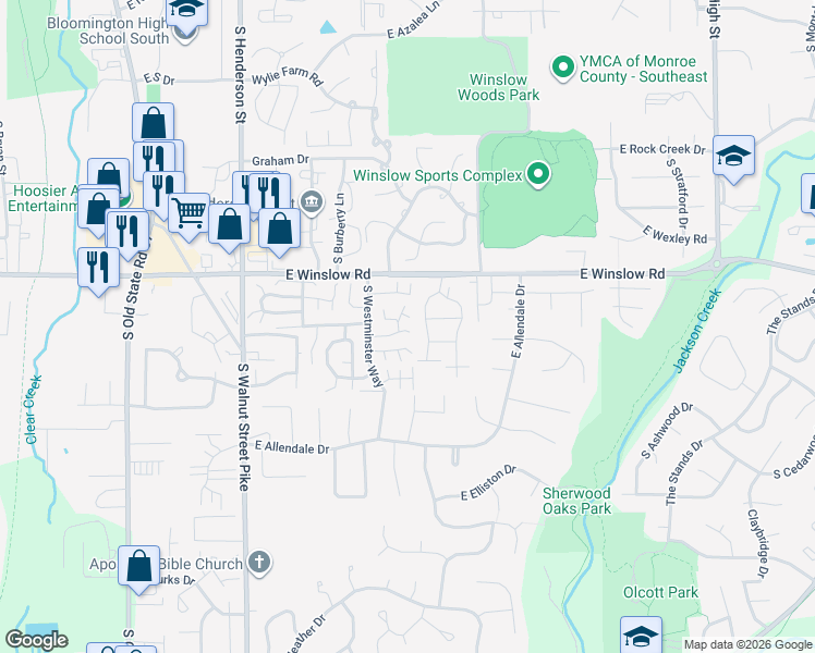 map of restaurants, bars, coffee shops, grocery stores, and more near 1199 East Buckingham East Street in Bloomington