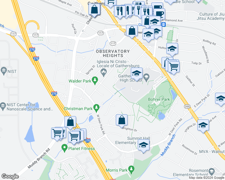 map of restaurants, bars, coffee shops, grocery stores, and more near 119 Harmony Hall Road in Gaithersburg