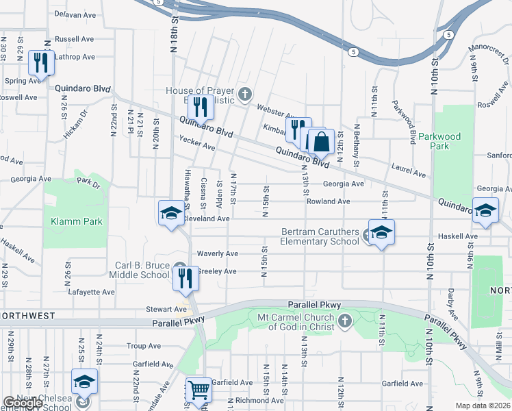 map of restaurants, bars, coffee shops, grocery stores, and more near 1500 Rowland Avenue in Kansas City