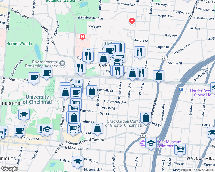 map of restaurants, bars, coffee shops, grocery stores, and more near 231 Martin Luther King Drive East in Cincinnati