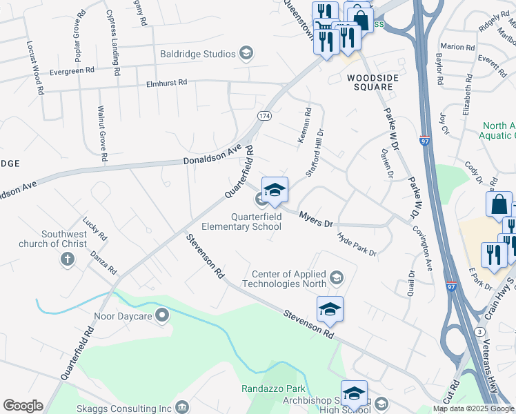 map of restaurants, bars, coffee shops, grocery stores, and more near 7967 Quarterfield Road in Severn