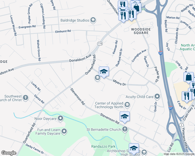 map of restaurants, bars, coffee shops, grocery stores, and more near 7967 Quarterfield Road in Severn