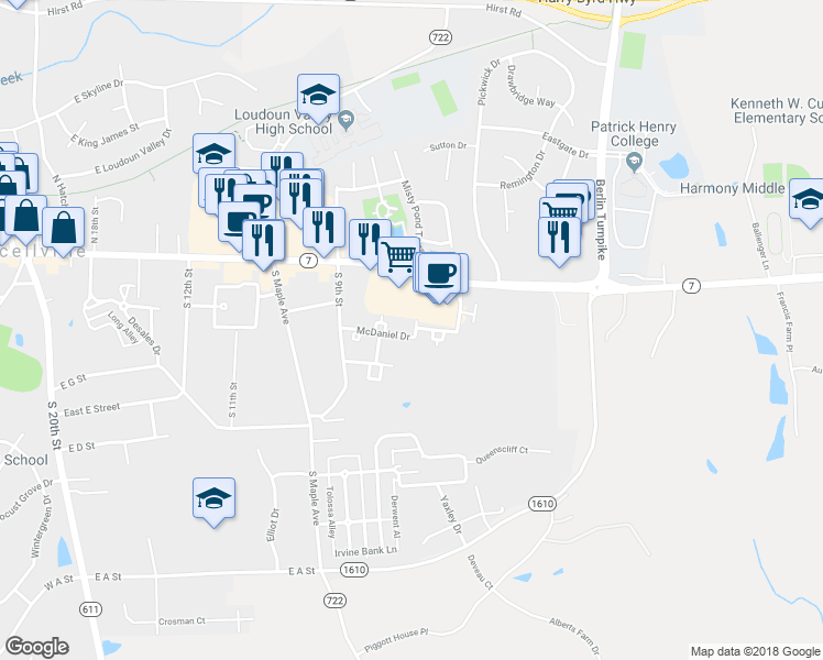 map of restaurants, bars, coffee shops, grocery stores, and more near 401 McDaniel Drive in Purcellville
