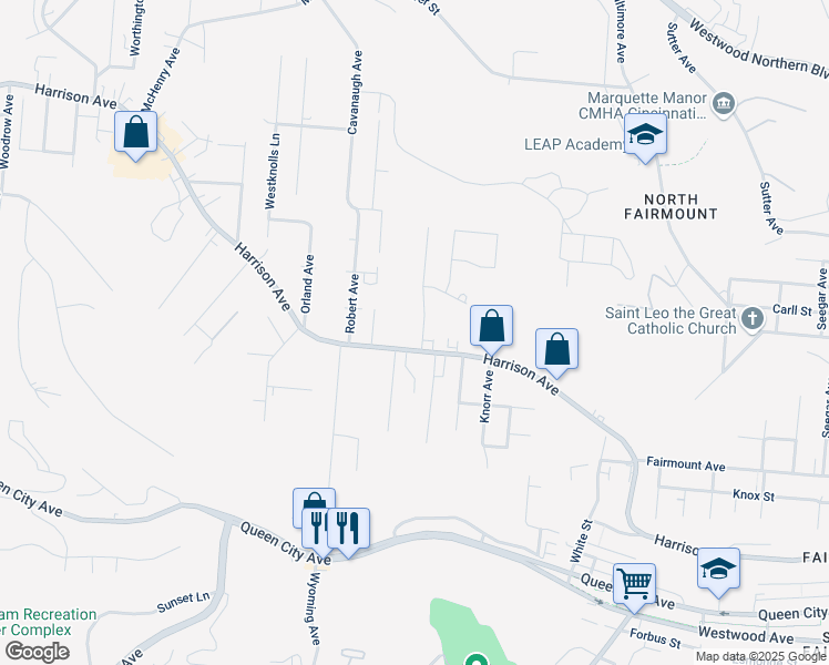 map of restaurants, bars, coffee shops, grocery stores, and more near 2739 Baker Avenue in Cincinnati