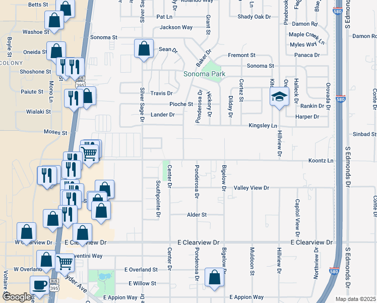 map of restaurants, bars, coffee shops, grocery stores, and more near 819 Kerinne Circle in Carson City