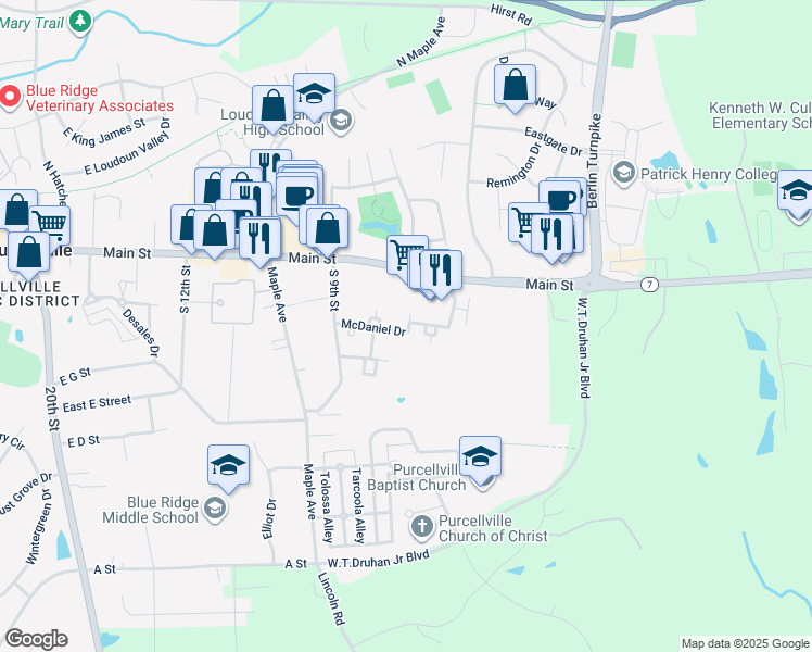 map of restaurants, bars, coffee shops, grocery stores, and more near 401 McDaniel Drive in Purcellville