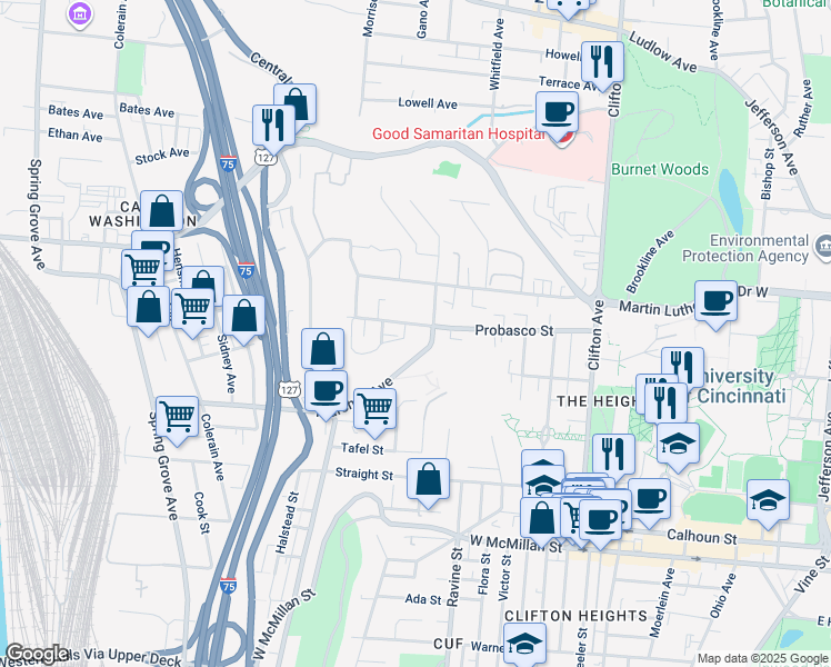 map of restaurants, bars, coffee shops, grocery stores, and more near 2925 Marshall Avenue in Cincinnati