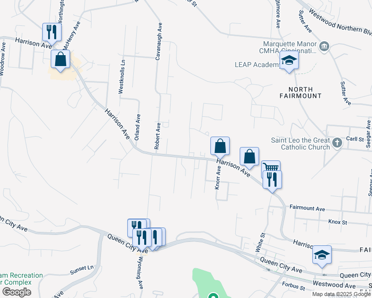 map of restaurants, bars, coffee shops, grocery stores, and more near 2739 Baker Avenue in Cincinnati