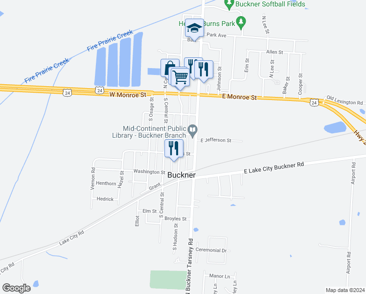 map of restaurants, bars, coffee shops, grocery stores, and more near 227 South Hudson Street in Buckner