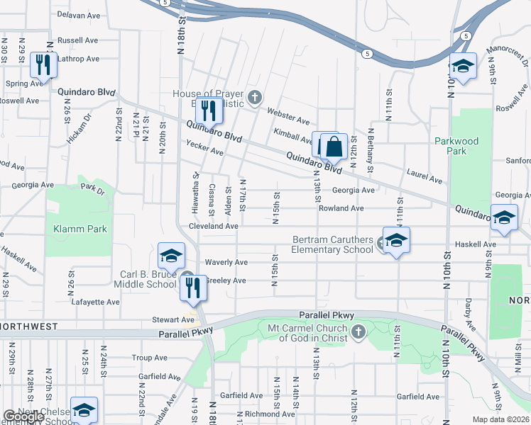 map of restaurants, bars, coffee shops, grocery stores, and more near 1500 Rowland Avenue in Kansas City