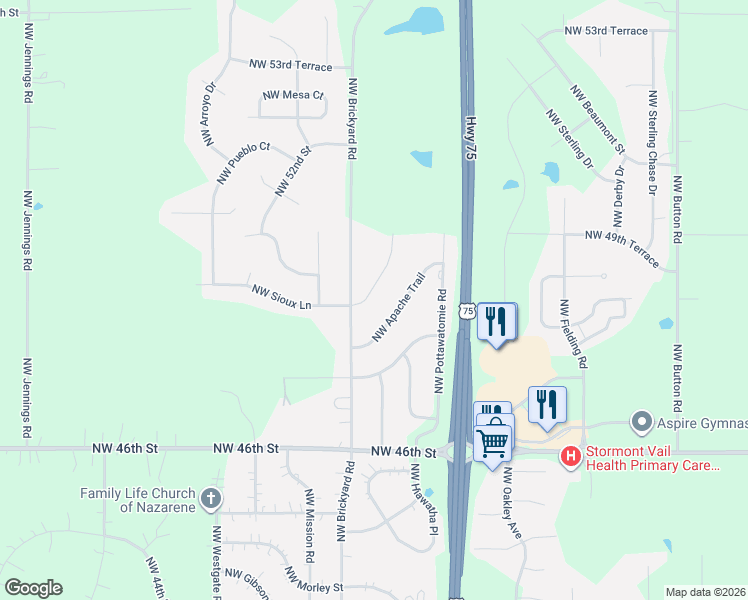 map of restaurants, bars, coffee shops, grocery stores, and more near 4920 Northwest Brickyard Road in Topeka
