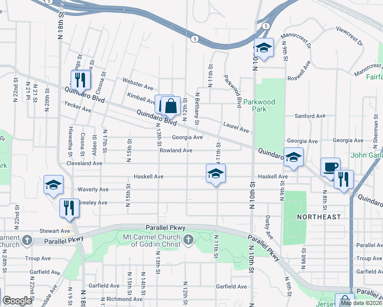 map of restaurants, bars, coffee shops, grocery stores, and more near 1131 Georgia Avenue in Kansas City