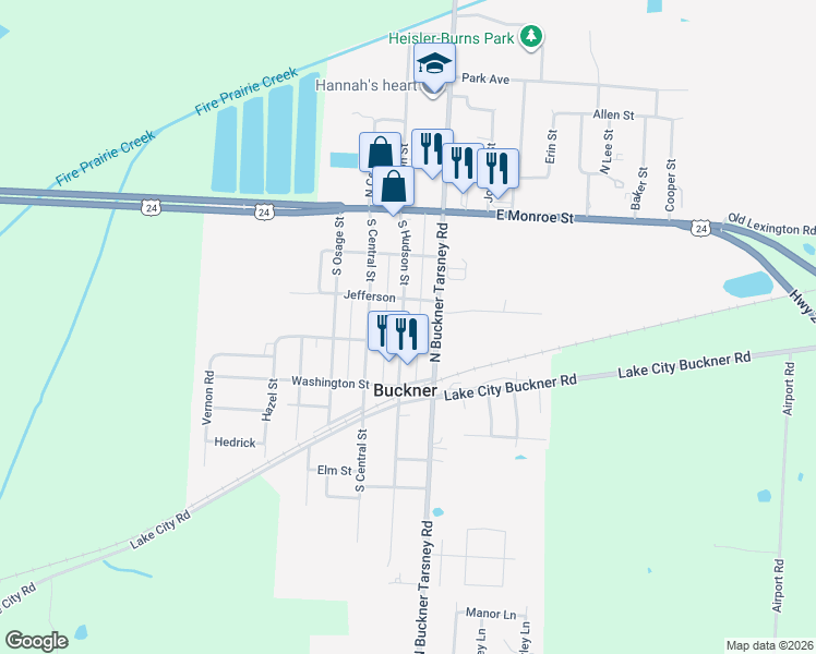 map of restaurants, bars, coffee shops, grocery stores, and more near 215 South Hudson Street in Buckner