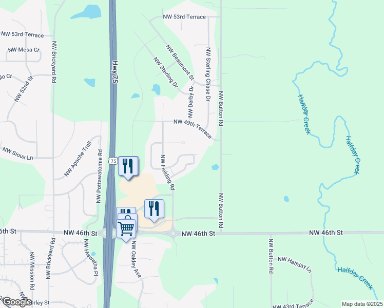 map of restaurants, bars, coffee shops, grocery stores, and more near 4828 Northwest Fielding Place in Topeka