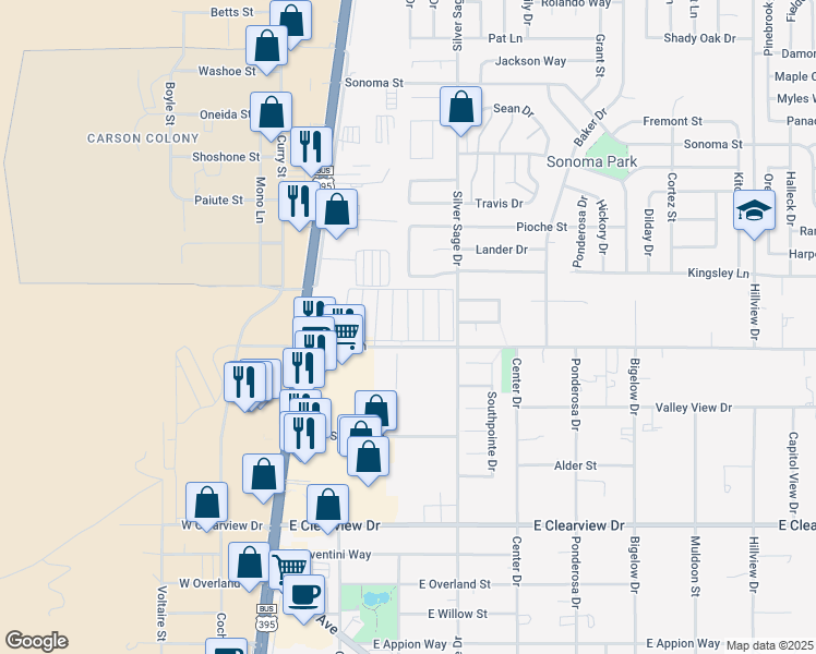 map of restaurants, bars, coffee shops, grocery stores, and more near Sevenstar Street in Carson City