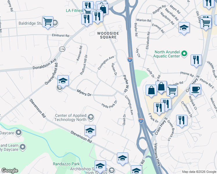 map of restaurants, bars, coffee shops, grocery stores, and more near 7940 Covington Avenue in Glen Burnie