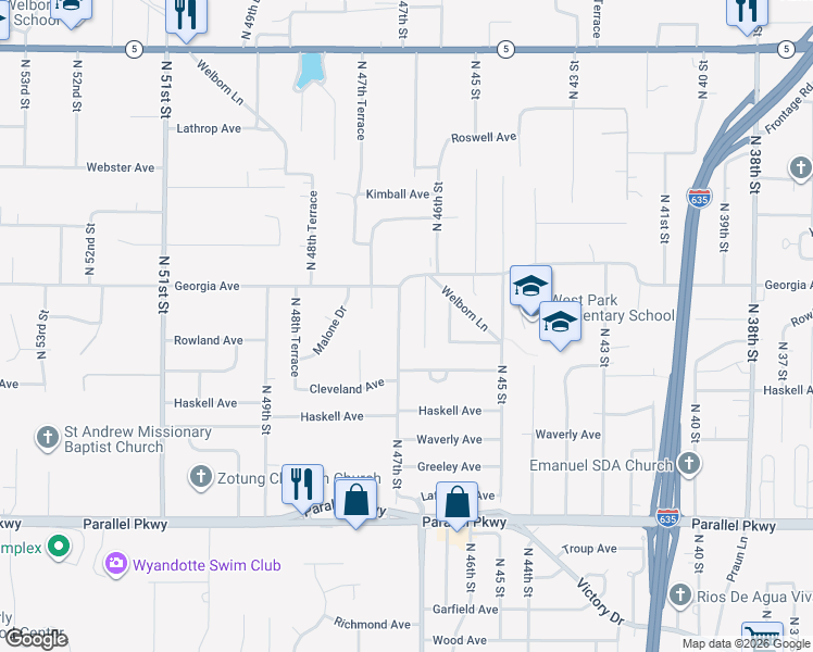 map of restaurants, bars, coffee shops, grocery stores, and more near 2610 North 47th Street in Kansas City
