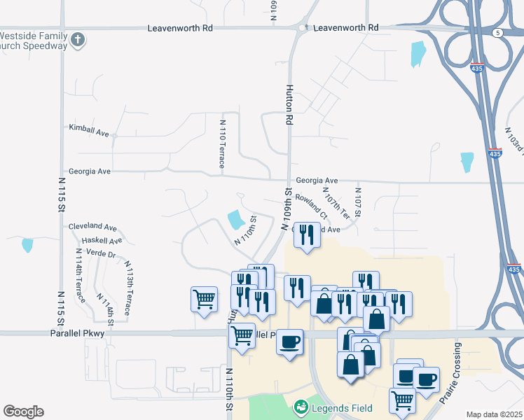 map of restaurants, bars, coffee shops, grocery stores, and more near 2600 North 109 Street in Kansas City