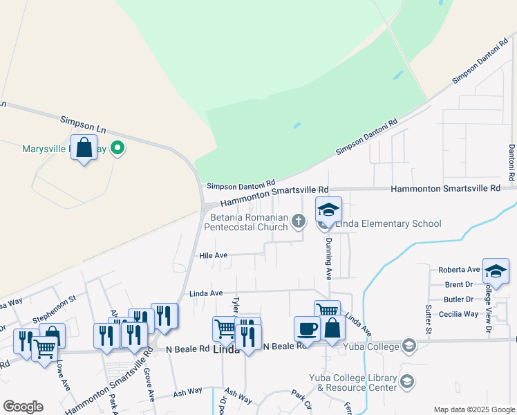 map of restaurants, bars, coffee shops, grocery stores, and more near 1876 Hammonton Smartville Road in Marysville