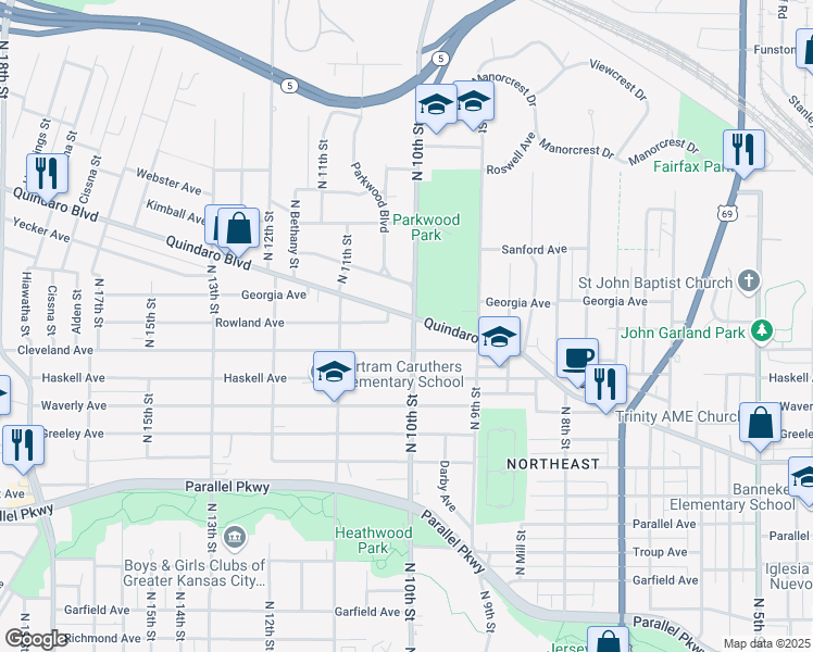 map of restaurants, bars, coffee shops, grocery stores, and more near 2518 North 10th Street in Kansas City