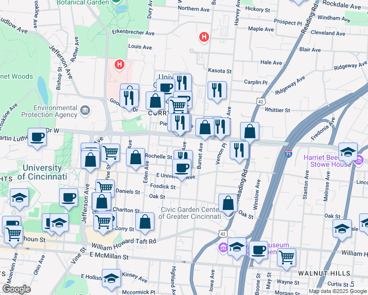 map of restaurants, bars, coffee shops, grocery stores, and more near Highland Avenue & Stetson Street in Cincinnati