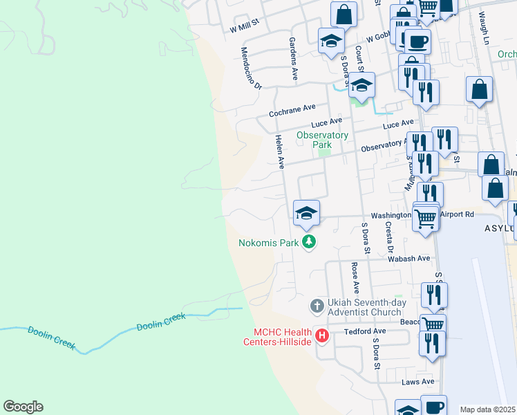 map of restaurants, bars, coffee shops, grocery stores, and more near 561 Redwood Avenue in Ukiah