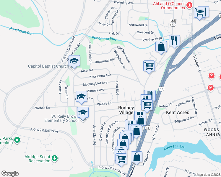 map of restaurants, bars, coffee shops, grocery stores, and more near 302 Mockingbird Avenue in Dover