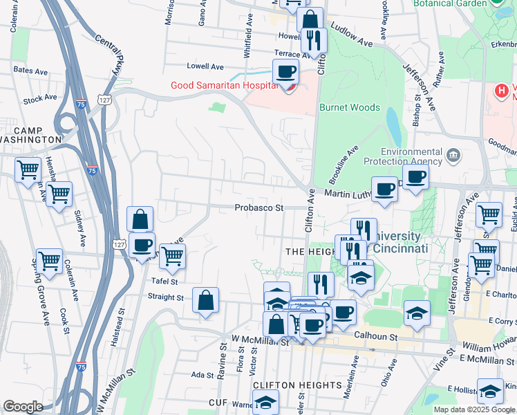 map of restaurants, bars, coffee shops, grocery stores, and more near 471 Riddle Road in Cincinnati