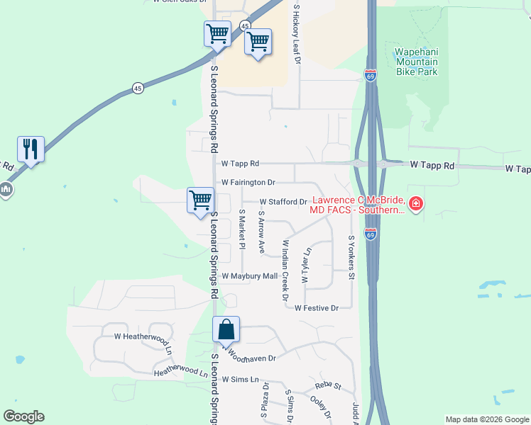 map of restaurants, bars, coffee shops, grocery stores, and more near 3812 West Stafford Drive in Bloomington