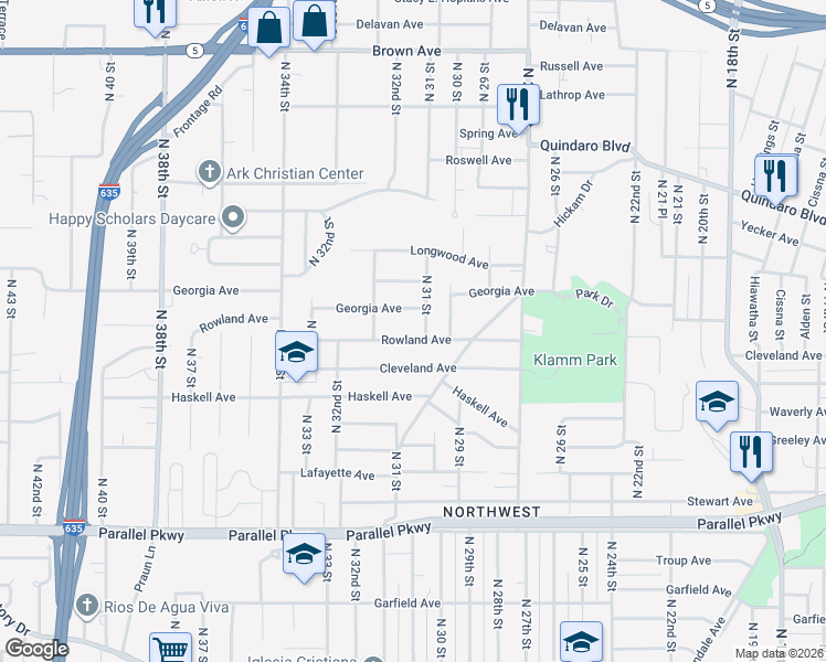 map of restaurants, bars, coffee shops, grocery stores, and more near 3105 Georgia Avenue in Kansas City