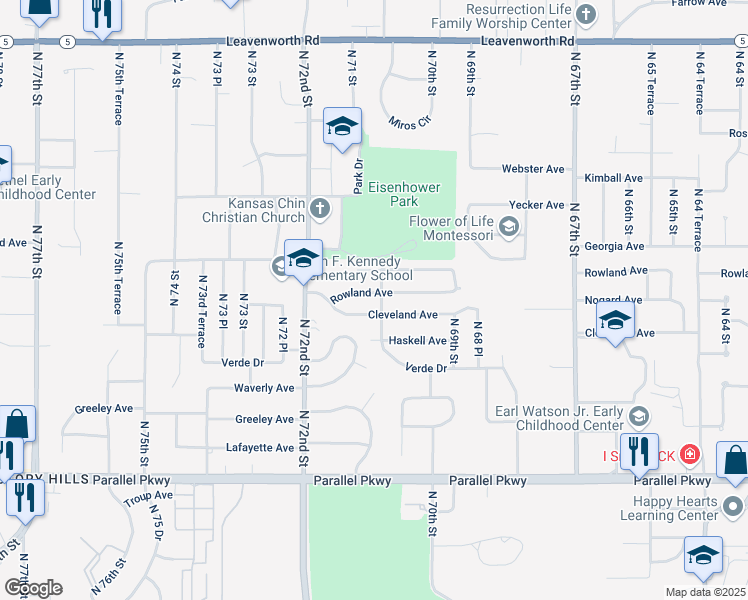 map of restaurants, bars, coffee shops, grocery stores, and more near 7106 Rowland Avenue in Kansas City
