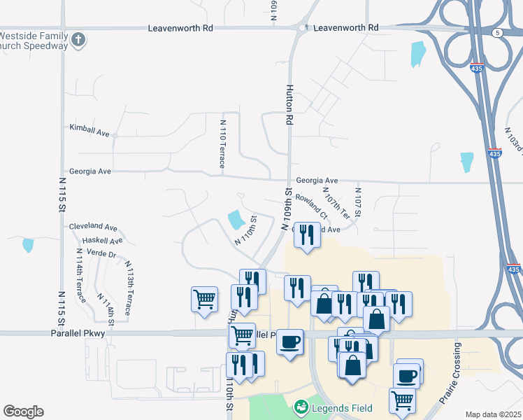 map of restaurants, bars, coffee shops, grocery stores, and more near 2600 North 109 Street in Kansas City