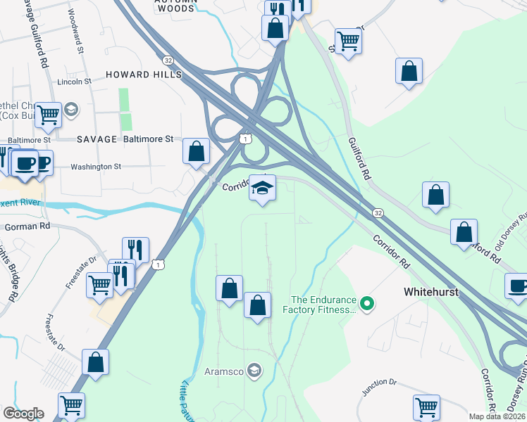 map of restaurants, bars, coffee shops, grocery stores, and more near in Howard County