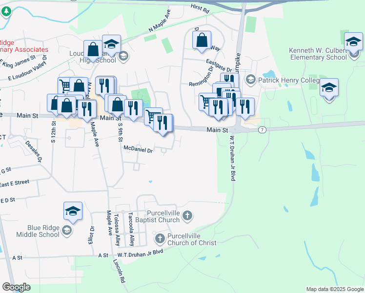 map of restaurants, bars, coffee shops, grocery stores, and more near 208 Hackley Court in Purcellville