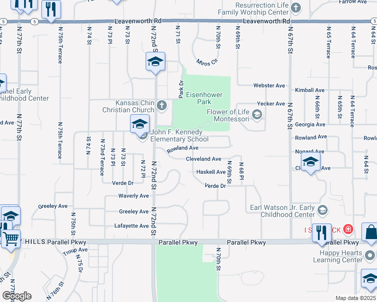 map of restaurants, bars, coffee shops, grocery stores, and more near 7106 Rowland Avenue in Kansas City