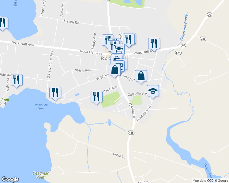 map of restaurants, bars, coffee shops, grocery stores, and more near 21289 Chesapeake Avenue in Rock Hall
