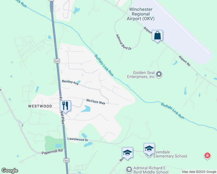 map of restaurants, bars, coffee shops, grocery stores, and more near 125 Travis Court in Winchester