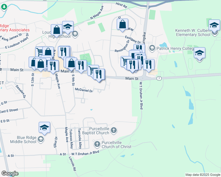map of restaurants, bars, coffee shops, grocery stores, and more near 208 Hackley Court in Purcellville