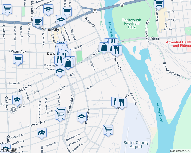 map of restaurants, bars, coffee shops, grocery stores, and more near 304 B Street in Yuba City