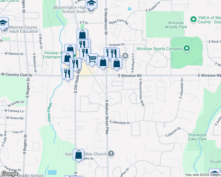 map of restaurants, bars, coffee shops, grocery stores, and more near 741 East Waterloo Court in Bloomington