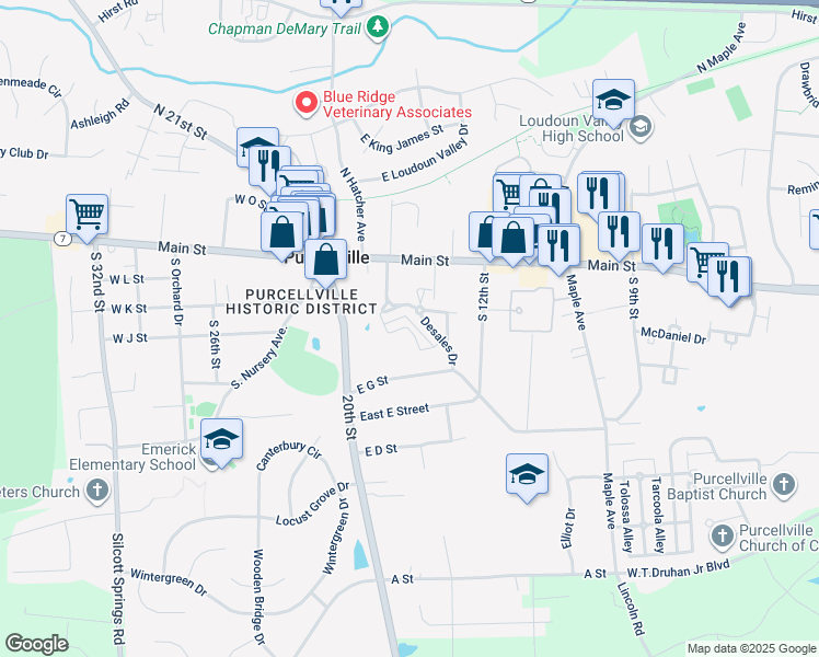 map of restaurants, bars, coffee shops, grocery stores, and more near Amalfi Court in Purcellville