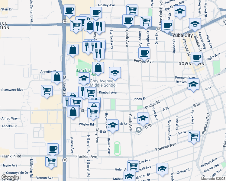 map of restaurants, bars, coffee shops, grocery stores, and more near 720 Sloss Avenue in Yuba City
