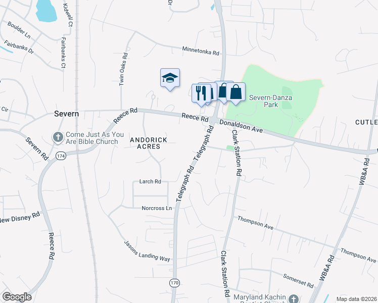 map of restaurants, bars, coffee shops, grocery stores, and more near 7870 Telegraph Road in Severn