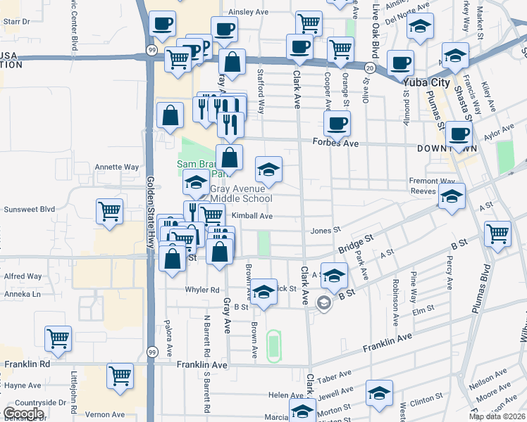 map of restaurants, bars, coffee shops, grocery stores, and more near 720 Sloss Avenue in Yuba City