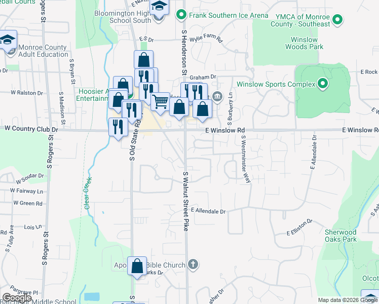 map of restaurants, bars, coffee shops, grocery stores, and more near 741 East Waterloo Court in Bloomington