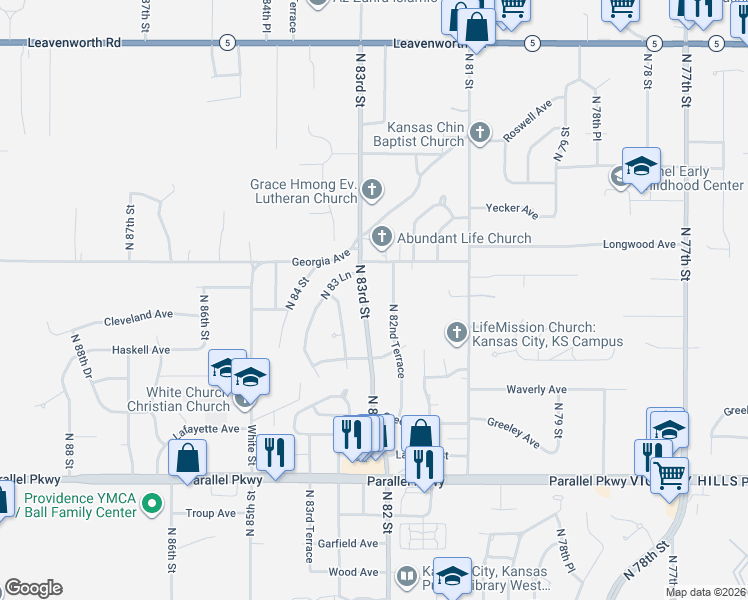 map of restaurants, bars, coffee shops, grocery stores, and more near 2612 North 82nd Terrace in Kansas City